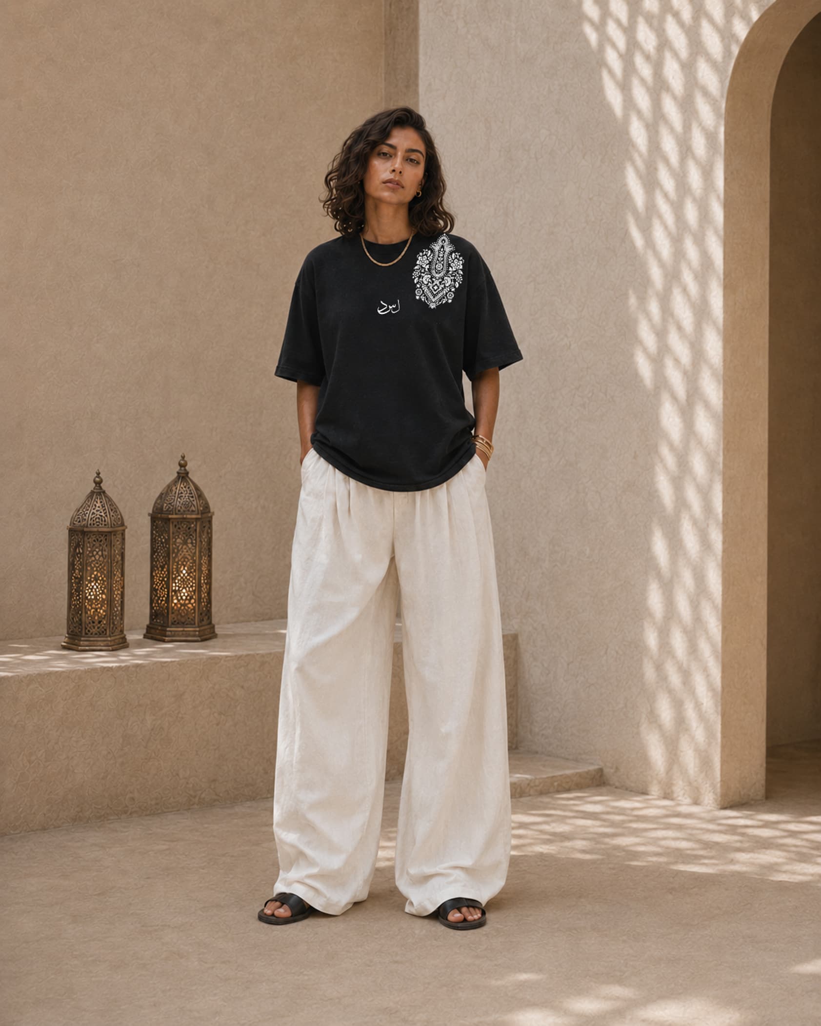 Casablanca T-shirt front worn by female model