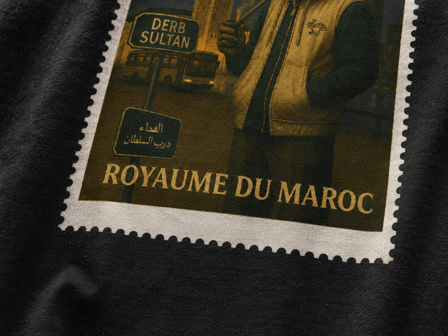 Casablanca T-shirt back stamp print with Derb Sultan, mosque and flying taxi
